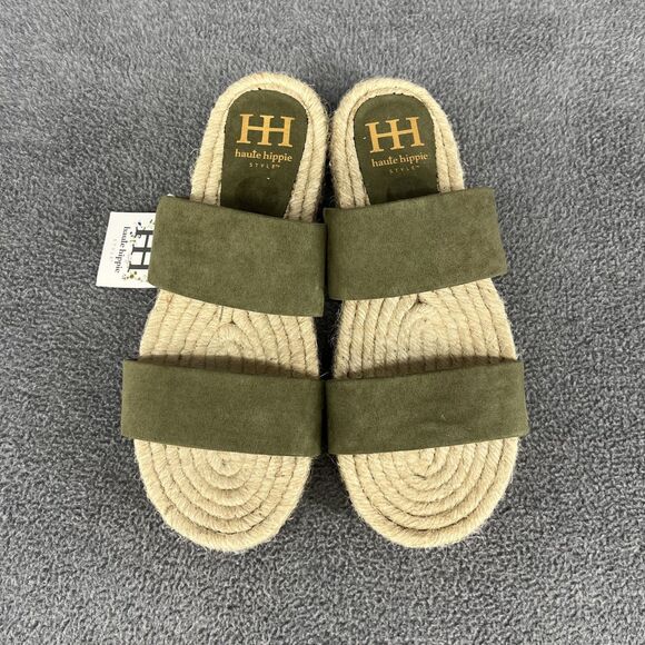 Haute Hippie Sandals Womens 6.5 Green genuine suede espadrille slip on straps - Picture 4 of 14